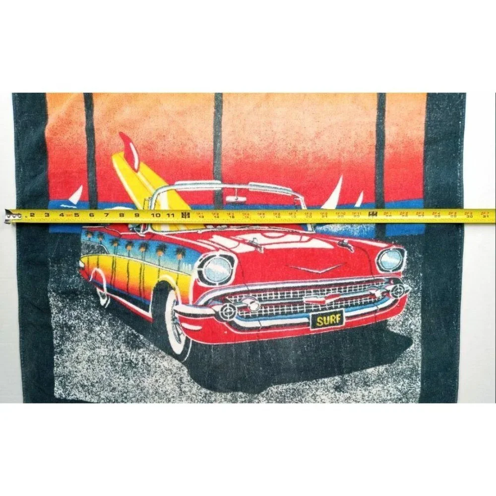 Vintage Beach Towel Surf Palm Trees Ocean Classic Car Chevy Bel Air Seven Seas